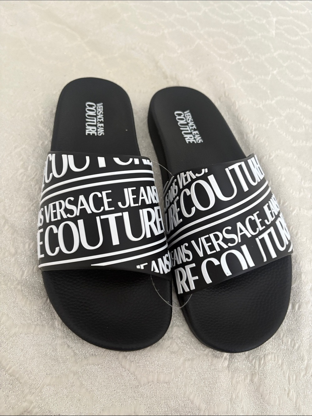 Versace Black Slide with White Logo Strap Sliders